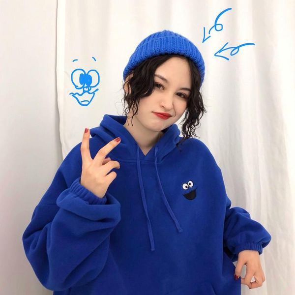 

women's hoodies & sweatshirts women pockets embroidered cartoon trendy cute female loose bfplus velvet womens long sleeve all-match lov, Black