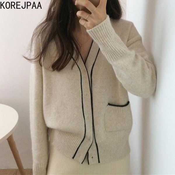 

women's jackets korejpaa women cardigan 2021 autumn korea temperament ladies v-neck single-breasted line color match side pocket knitte, Black;brown