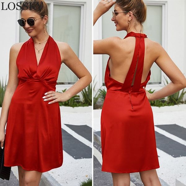 

women satin formal evening party club mini dress solid tunic backless elegant v neck slim sleeveless halter red short 210520, Black;gray