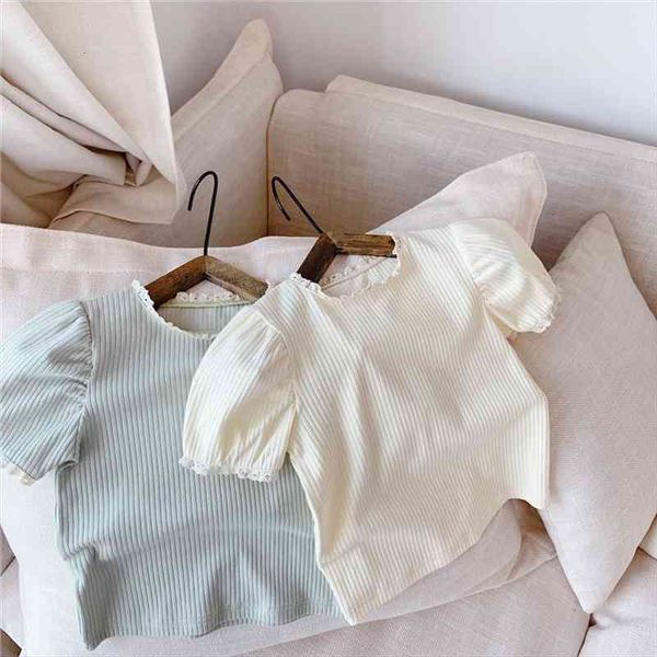 

summer korean style girl children lace t shirts pure color short sleeved toddlers kids casual tees, Blue