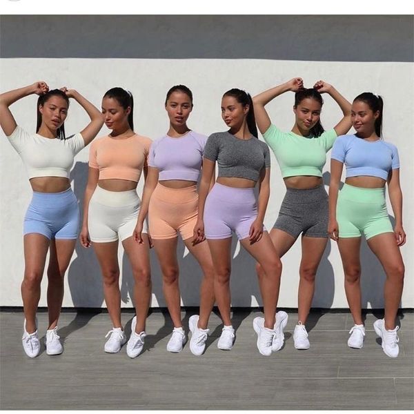 

yoga outfit women's seamless suit summer fitness running training sports bra short sleeve t-shirt capris leggings 4 pieces set s m l