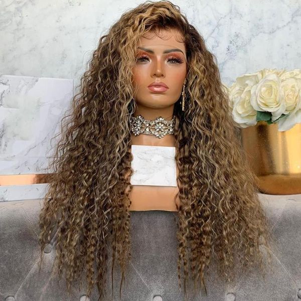 

lace wigs highlight ombre brown curly human hair front for black women 360 frontal wig preplucked peruvian remy 180%, Black;brown
