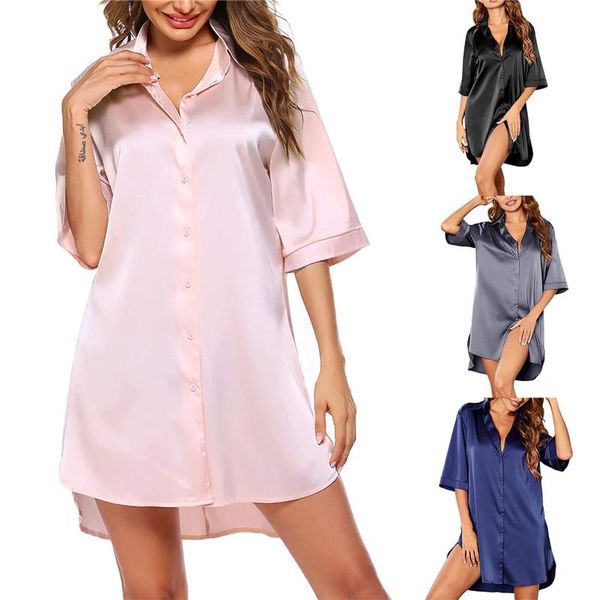 

women's sleepwear women sleep underwear solid color silk shirt half sleeve single breasted loose nightshirt nightgown home lounge 2021, Black;red