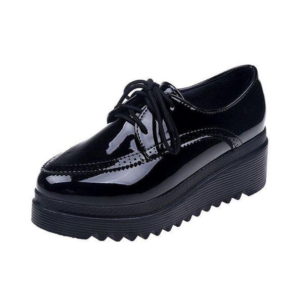 

women oxford shoes high heels platform wedges female pumps lace up thick bottom round toe casual mary jane dress, Black