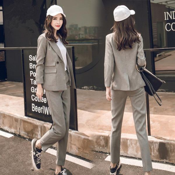 

women's tracksuits 2021 spring autumn women fashion slim casual solid suits female office ladies work wear two pieces sets d60, Gray