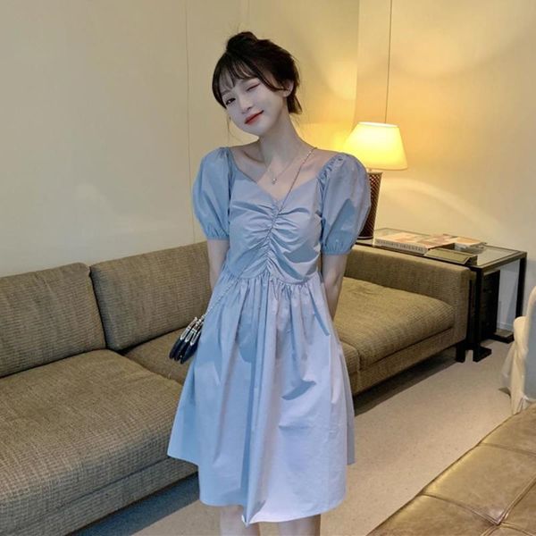 

summer bubble sleeve v-neck small first love skirt waist lace up dress women's gentle french, Black;gray