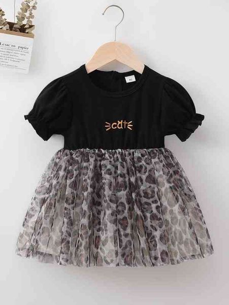 

baby leopard & letter graphic puff sleeve mesh hem dress she, Red;yellow