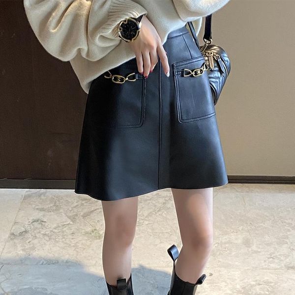 

skirts women's high street pu leather skirt fashion autumn / winter waist a-line short feme, Black