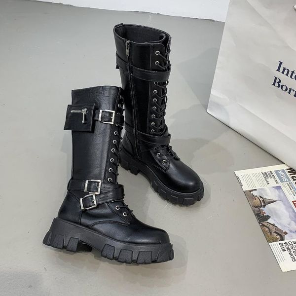 

boots winter women's round toe riding square heel casual mid-tube 2021 pu leather women zipper lace high heels, Black