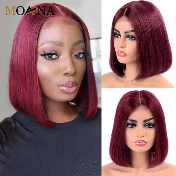 

brazilian 99j straight transparent lace frontal wig burgundy 13x1 front colored human hair for black woman wigs, Black;brown
