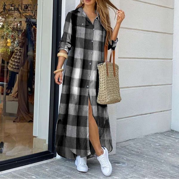 

2021womens fashion autumn long dresses casual plaid robe femme party full sleeves vestidos zanzea lapel shirt dress oversized 5xl, Black;gray