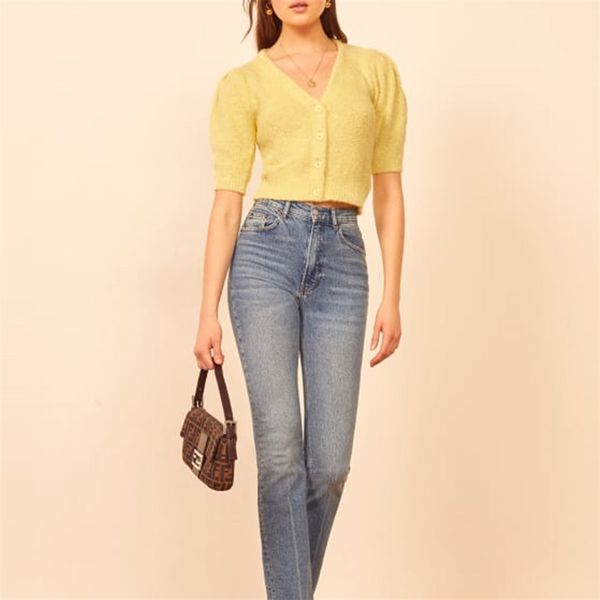 

spring and autumn women's casual solid color v-neck short-sleeved cardigan sweater 210430, White