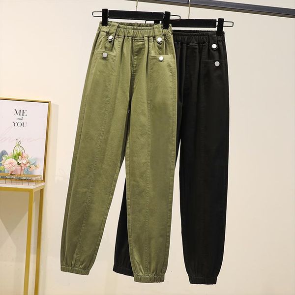

cargo high waist plus size womens capris street style loose drawstring spring autumn pocket army green trousers women 4xl 5xl, Black;white