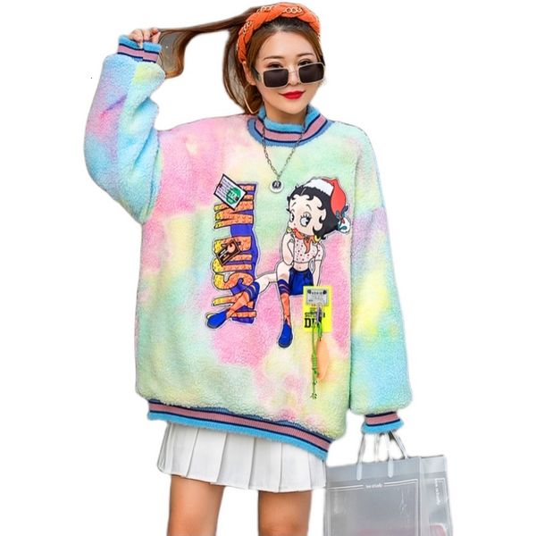 

hoodies european station winter thick lamb velvet jacket female heavy industry cartoon bead fashion brand loose sweater, Black