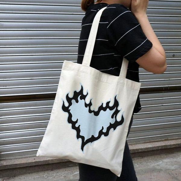 

evening bags flame sweet heart print canvas bag casual gothic women shoulder large-capacity teenager school hip-hop kpop shopper