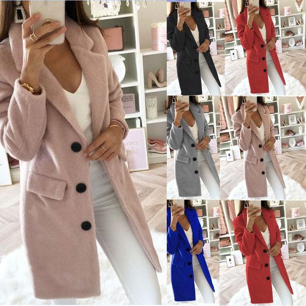 

women's wool & blends autumn winter 2021 women solid color suit collar mid-length double-breasted woolen coat cardigan ladies trench, Black
