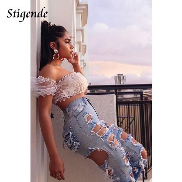 

women's jeans stigende hollow out ripped for women patchwork shredded denim pants fashion gradient color pocket pencil trousers, Blue