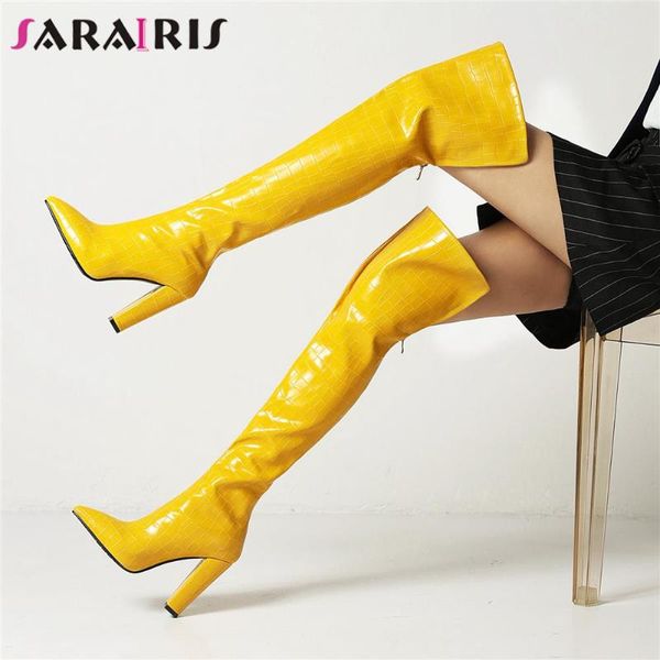 

boots sarairis trendy women solid zipper over the knee hi gh heel boot 2021 elegant mature fashion party shoes, Black