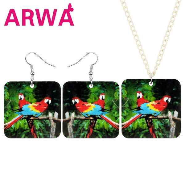 

earrings & necklace arwa acrylic square macaws parrot bird jewelry sets printing cute animal for women kid fashion birthday gift, Silver