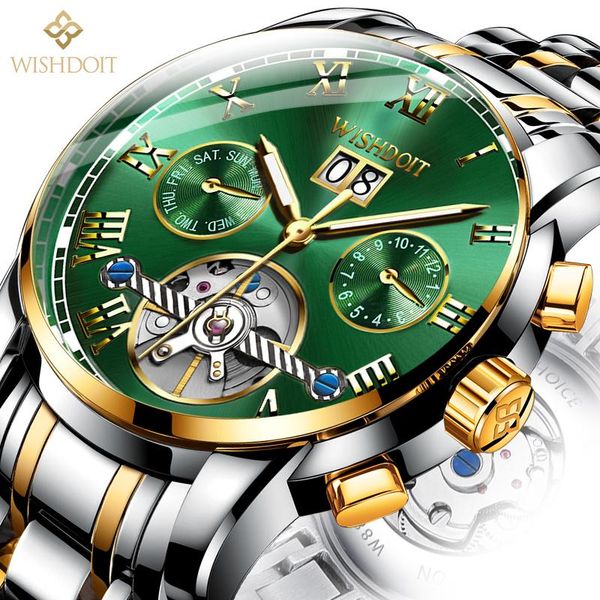 

wristwatches wishdoit swiss watch men's mechanical automatic hollow large dial waterproof luminous 2021 fashion luxury, Slivery;brown