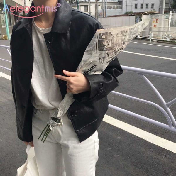 

aelegantmis spring cropped faux leather jacket women fashion casual pu female basic short coat single breasted 210607, Black