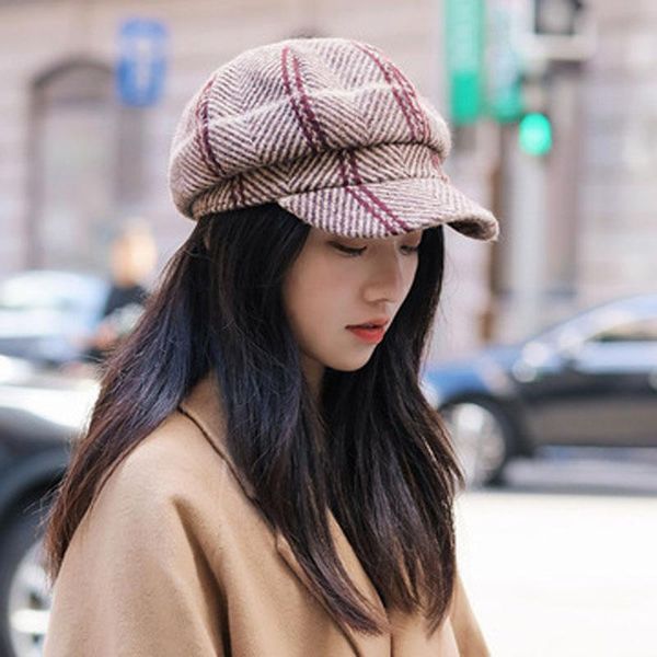 

berets autumn and winter plaid style british retro cap, korean version of street fashion star anise painter cap female, Blue;gray