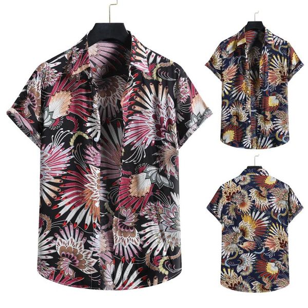 

men's casual shirts summer fashion hawaiian flower shirt men clothing peacock print short sleeve sports chemise homme 2021, White;black