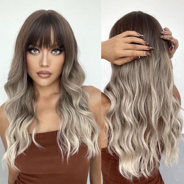 

synthetic wigs alan eaton long wave with bangs omber ash brown blonde for women cosplay party daily heat resistant fiber, Black