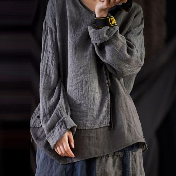 

women's blouses & shirts johnature linen retro patchwork pullover full sleeve 2021 spring loose vintage casual women irregular, White