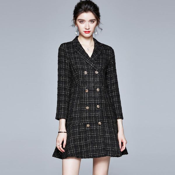 

vintage woolen double-breasted dress winter notched plaid ruffles black tweed tassel mermaid 2021 casual dresses, Black;gray