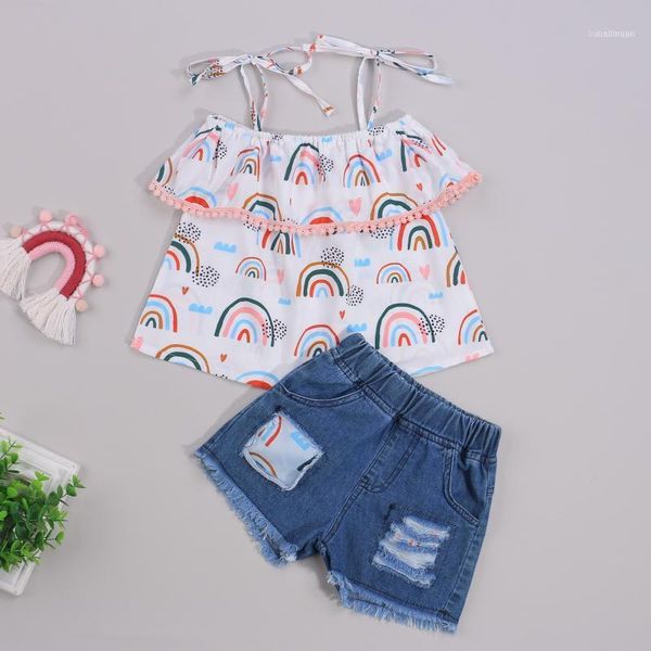 

clothing sets focusnorm 2pcs infant kids girls clothes 1-6y rainbow printed off shoulder tassel t shirts denim shorts1, White