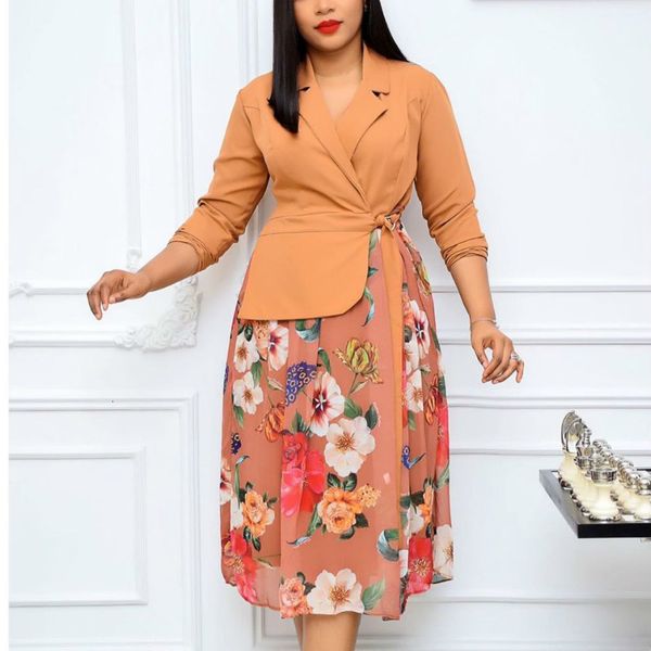 

two piece dress women long sleeve patchwork printed notched with waist belt african fashion plus size ladies elegant office work w, White