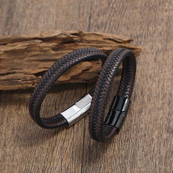 

tennis simple braided leather bracelet for men stainless steel magnetic clasp bangle men's wristband hand chain jewelry gifts, Golden;silver