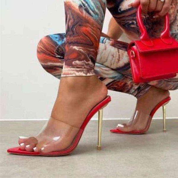 

slippers pvc transparent mule high heels sandals flip flops fashion pointed toe slides party shoes female stilettos mujer 220308, Black