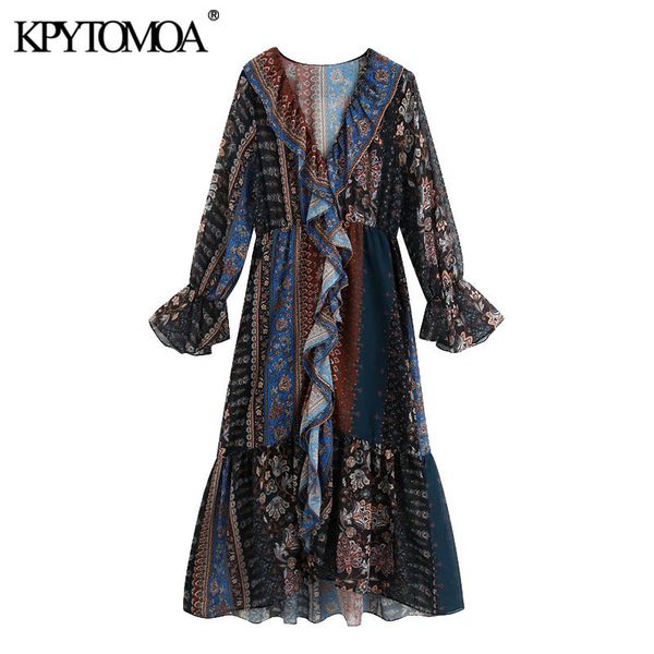 

women chic fashion patchwork print ruffled midi dress vintage long sleeve with lining asymmetric female dresses 210416, Black;gray