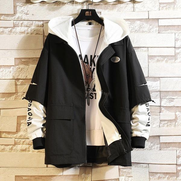 

men's jackets korean style stitching fake two-piece hooded jacket large size printed 2021 spring/autumn original tooling, Black;brown
