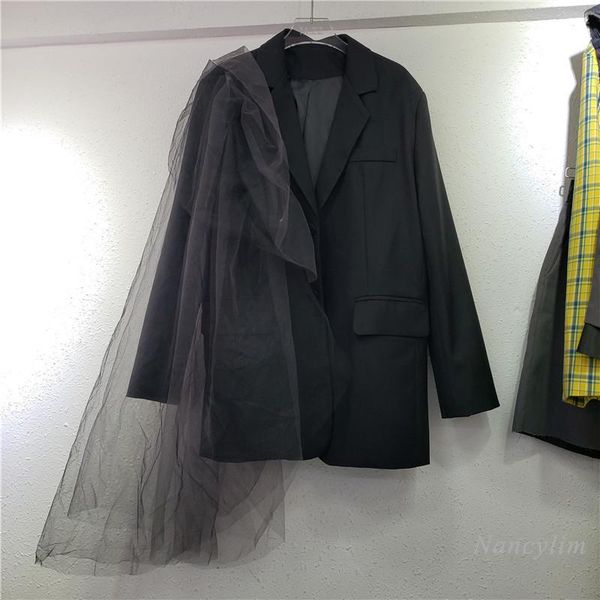 

women's suits & blazers mesh patch blazer for women 2021 autumn gauze stitching suit jacket female mid-length loose street coats casaco, White;black