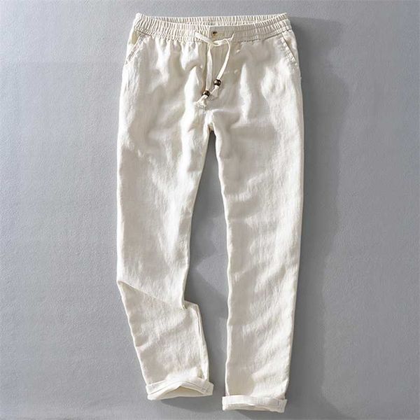 7409 homens primavera e outono moda marca estilo japão linho vintage cor sólida calças retas macho casual calças brancas calças 2101006