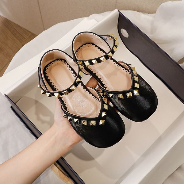 

70% off factory online 2021 new girls' princess shoes fashion personalized rivet flat velcro convenient hollow single, Black