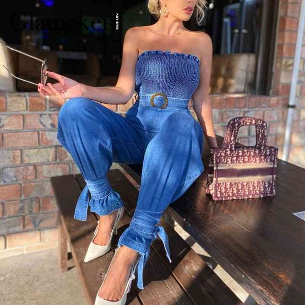 

glamaker cotton off shoulder blue spring summer long jumpsuits with belt casual lace up ruffles office ladies workout new 210412, Black;white