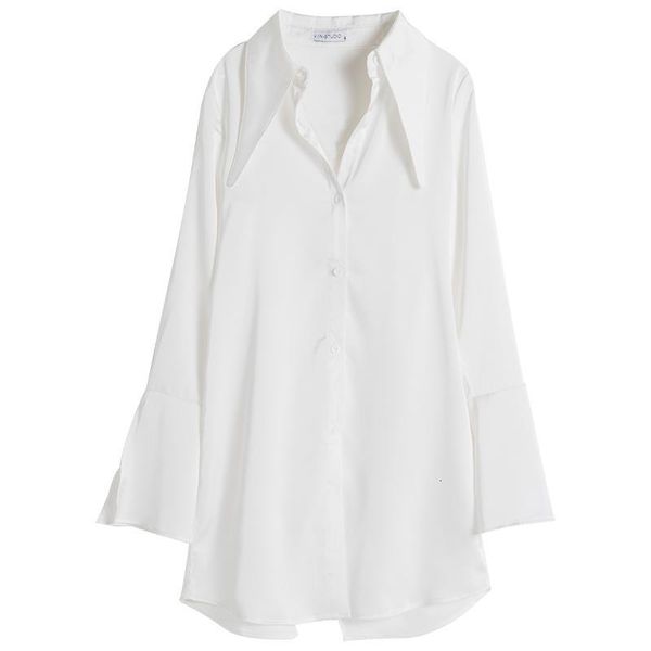 

women's blouses & shirts [ewq] autumn solid color pointed collar shirt medium length fashion back split versatile blusas flare sleeve 1, White