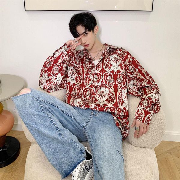 

men's casual shirts 2021 printed hawaiian floral fashion luxury long sleeve clothes lapel collar red/black, White;black
