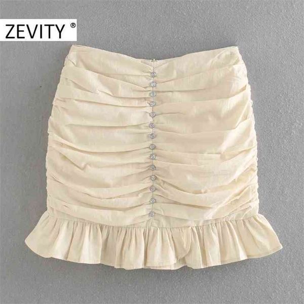 

zevity women diamond button decoration pleated slim skirt faldas mujer ladies back zipper vestido chic hem ruffles skirts qun675 210408, Black