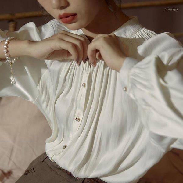 

heydress 2021 women solid elegant loose blouse female o-neck vintage long sleeve botton lady fashion lantern shirts women's blouses, White