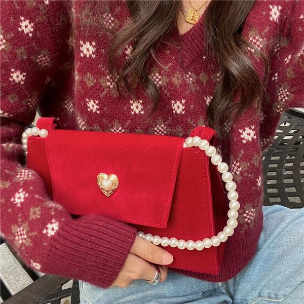 

evening bags elegant velour women red underarm bag vintage design female shoulder faux pearl chain ladies small tote purse handbags