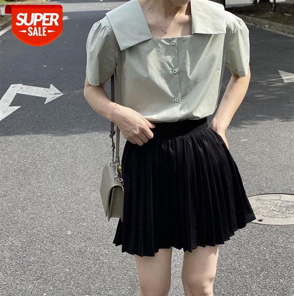 

zhi chenxi retro square collar baby shirt lapel short-sleeved blouse women 565 #5x02, Black;gray