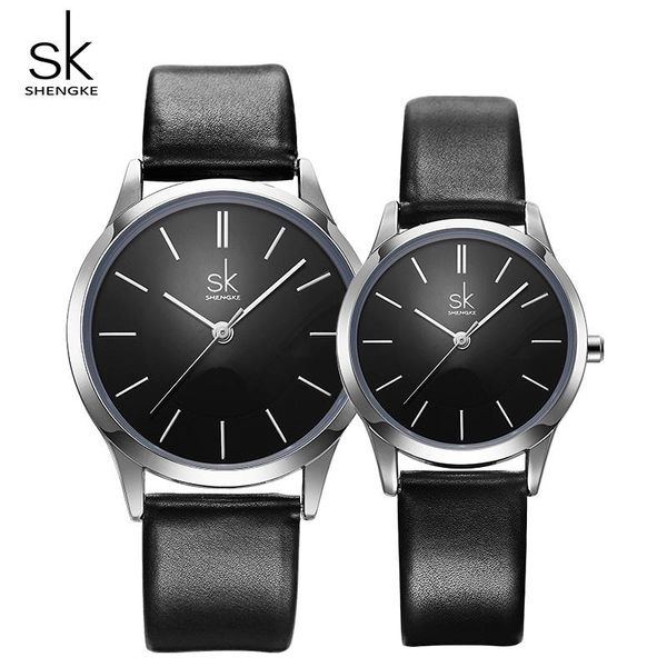 

wristwatches shengke couple watches fashion black leather women men luxury quartz female male wrist watch gift for lovers montre femme clock, Slivery;brown