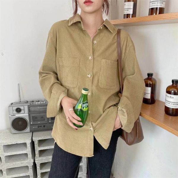 

autumn solid women shirts female casual pockets turn-down collar single-breasted thicken elegant sweet office lady women's blouses &, White