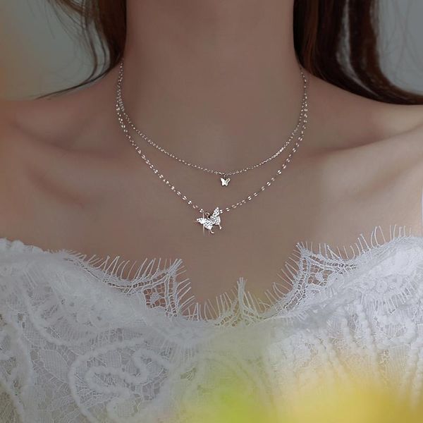 

pendant necklaces 925 sterling silver shiny butterfly tassel necklace female exquisite double layer clavicle chain wedding party jewelry