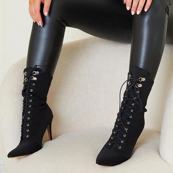 

boots lace up short women thin high heel big size 43 fashion american style pointed toe booty, Black